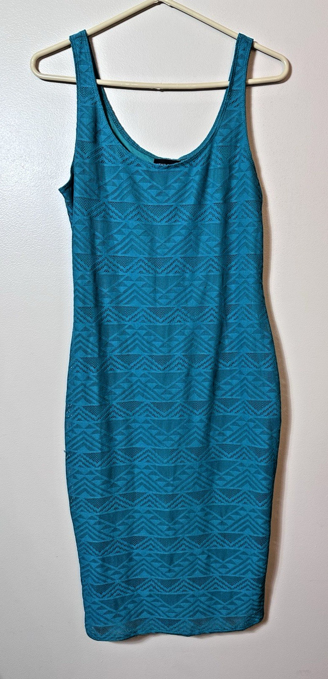 Kelly Renee Dress Womens Large Teal Blue Geometric Lace Bodycon Tank Y2K 90s L